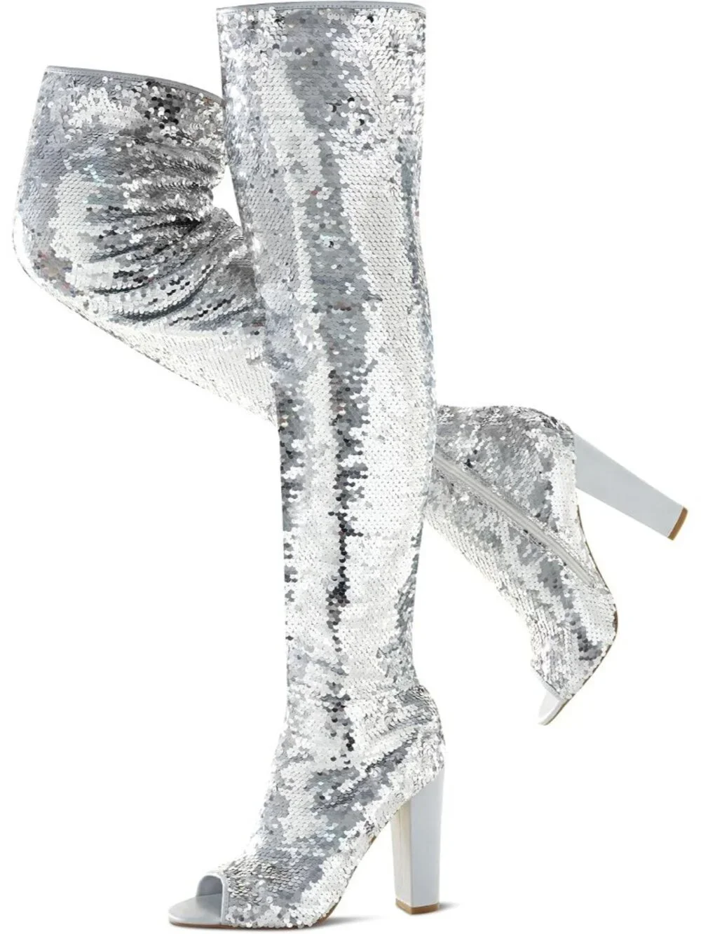 Women's Silver Chunky High Heels Open Toe Sequin Over The Knee Thigh High Boots